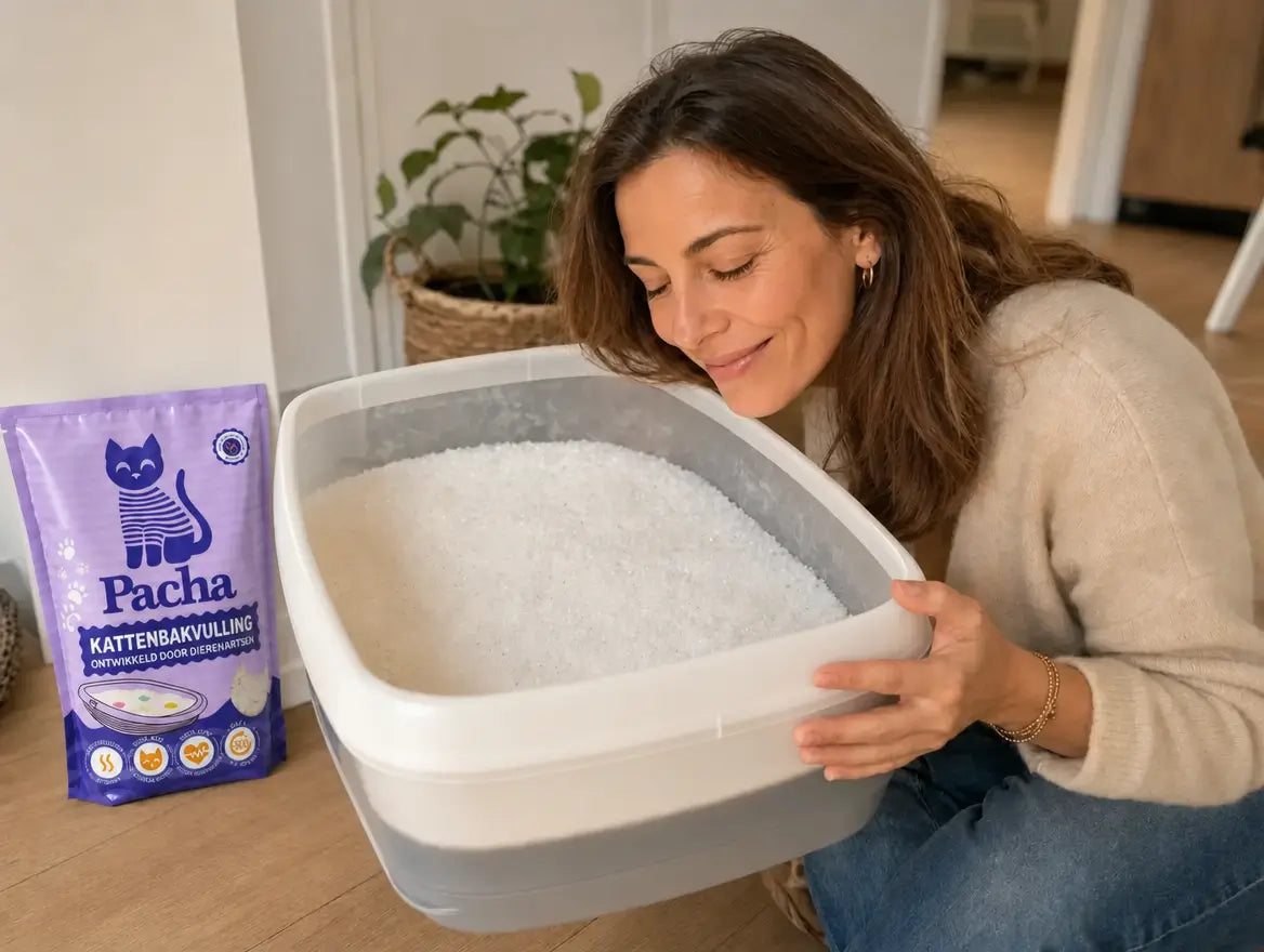 Vrouw die tevreden ruikt aan een schone kattenbak gevuld met witte Pacha-kristallen, met een zak Pacha-kattenbakvulling ernaast