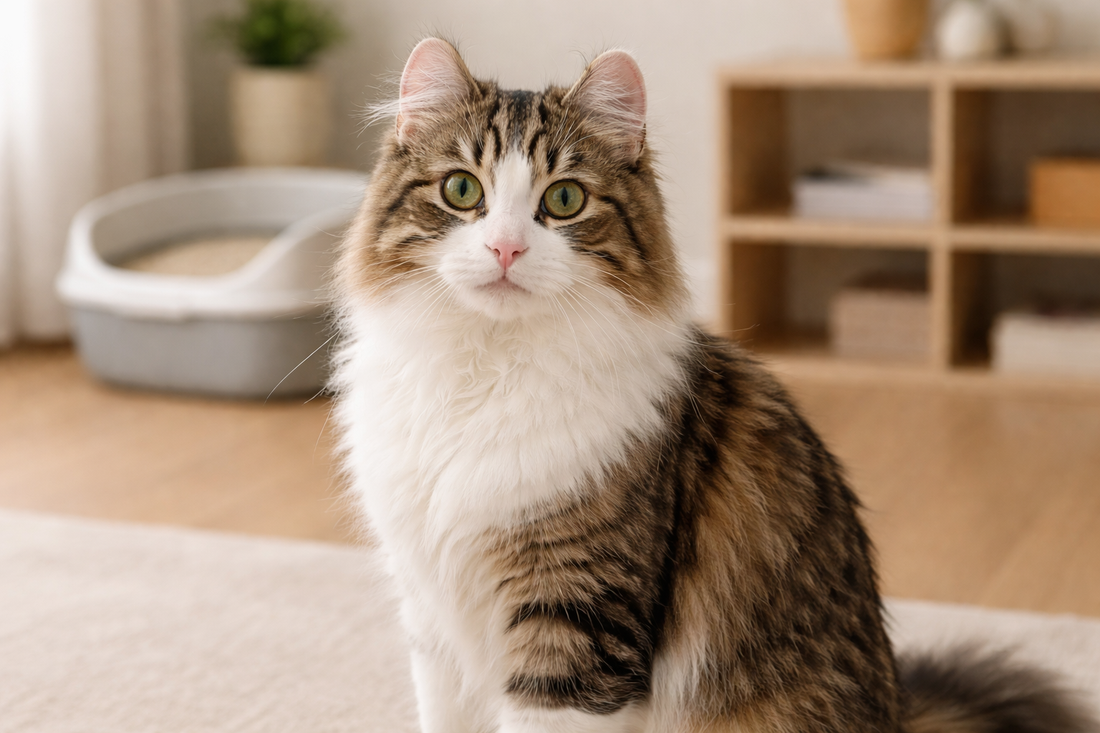 American Curl kat met kenmerkende gekrulde oren in een huiselijke omgeving met Pacha™ kattenbakvulling op de achtergrond.