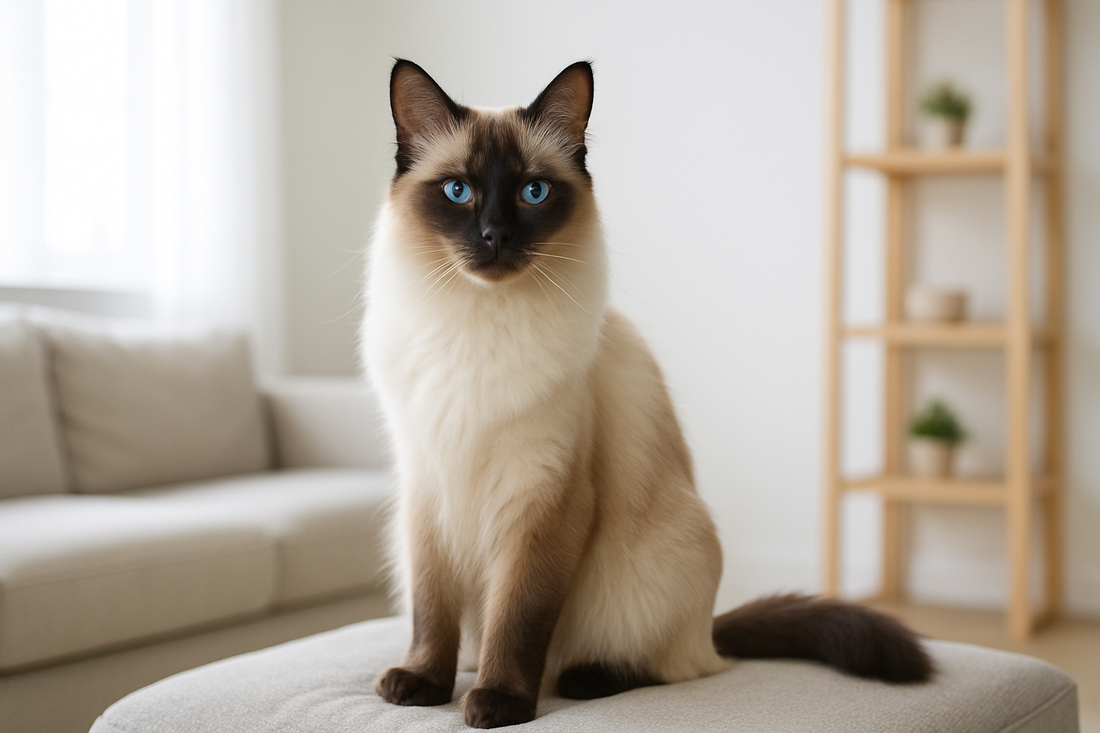 Elegante Balinese kat met zijdezachte vacht en diepblauwe ogen zit trots in de woonkamer terwijl Pacha™ kattenbakvulling zorgt voor een frisse en comfortabele leefomgeving