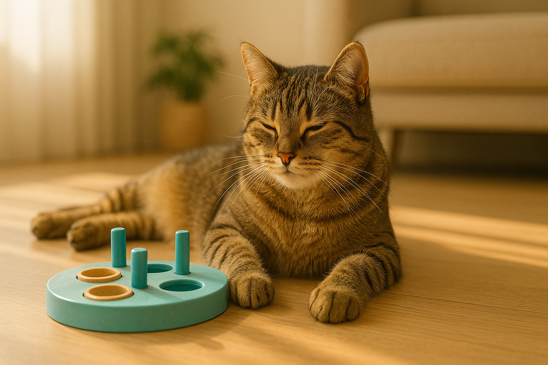 Kat gebruikt een voerpuzzel en toont zijn intelligentie terwijl Pacha™ kattenbakvulling zorgt voor een schone en stimulerende leefomgeving