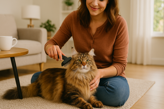 Eigenaar borstelt een langharige kat in een rustige woonkamer terwijl Pacha™ kattenbakvulling zorgt voor een frisse en hygiënische omgeving