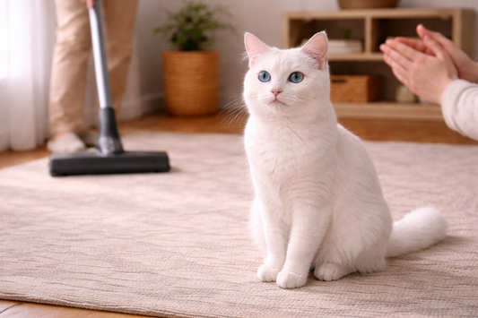 Witte kat met blauwe ogen die niet reageert op geluiden, een kenmerk van aangeboren doofheid, ondersteund door Pacha™ kattenbakvulling.