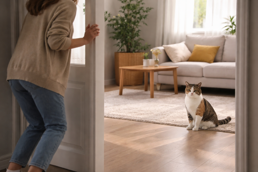 Persoon met angst voor katten die afstand houdt van een rustige kat in huis met Pacha™ kattenbakvulling