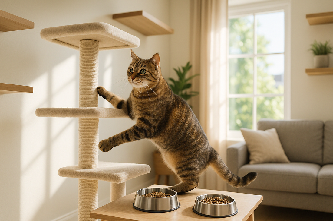 Binnenkat klimt op een moderne krabpaal met verschillende hoogtes terwijl Pacha™ kattenbakvulling zorgt voor een frisse en hygiënische leefomgeving