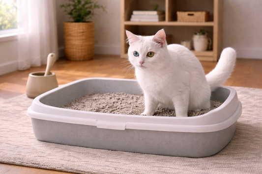 Kat met tekenen van blaasproblemen bij de kattenbak, vroegtijdige signalering ondersteund door Pacha™ kattenbakvulling.