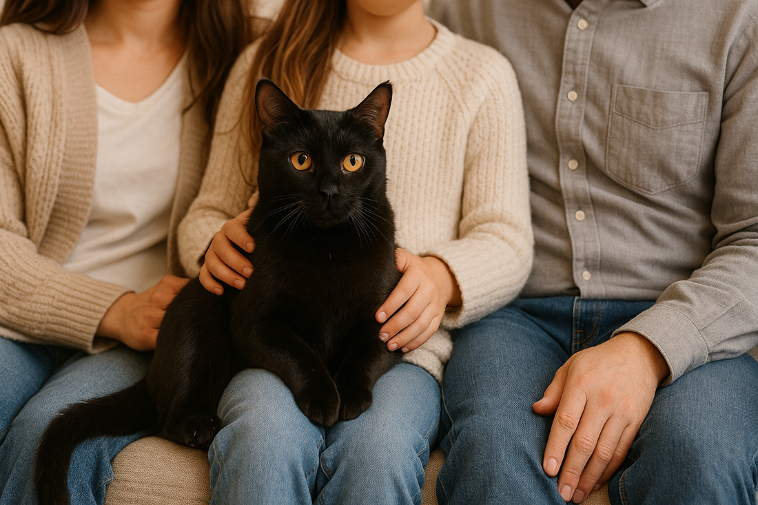 Sociale Bombay kat zit gezellig bij het gezin terwijl Pacha™ kattenbakvulling zorgt voor hygiëne en comfort in huis