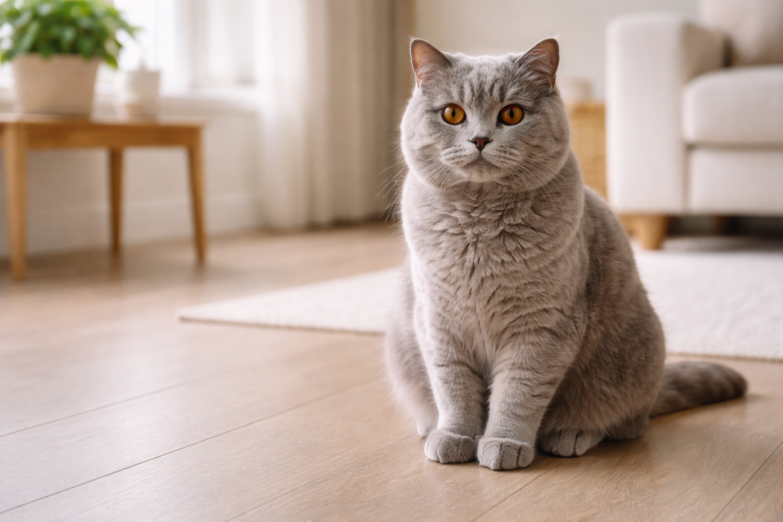 Britse Korthaar met ronde kop en pluche vacht in een rustige woonomgeving, met Pacha™ kattenbakvulling.