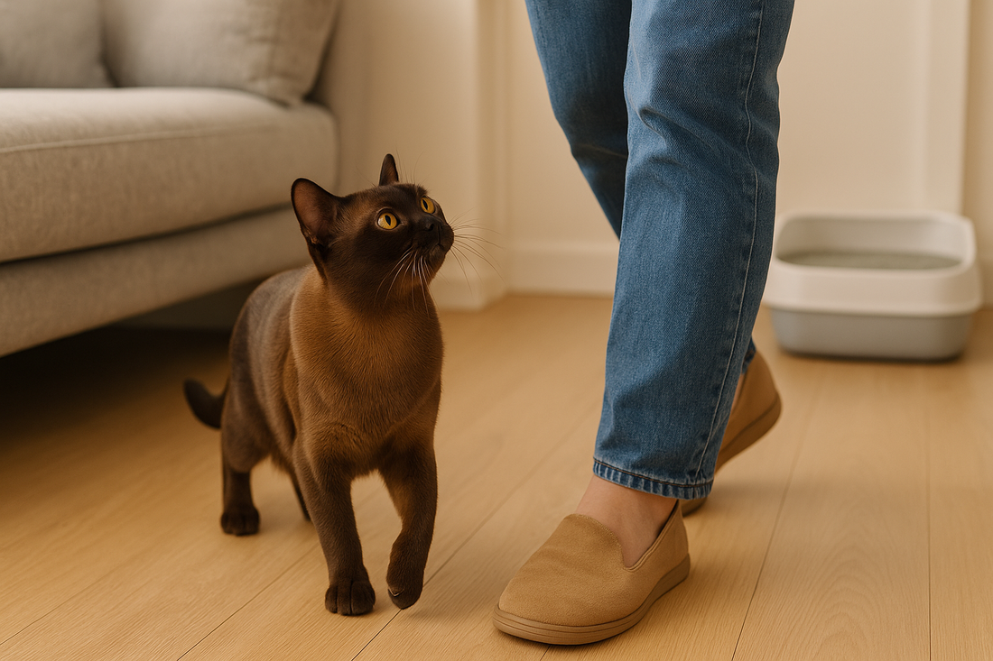 Burmese kat die zijn baasje volgt in huis met op de achtergrond een kattenbak gevuld met Pacha™ kattenbakvulling.