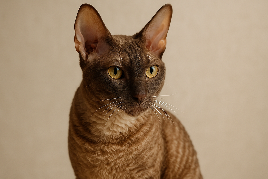 Portret van een Cornish Rex met gekrulde vacht, grote oren en amandelvormige ogen terwijl Pacha™ kattenbakvulling zorgt voor een frisse en comfortabele leefomgeving