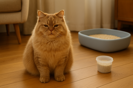 Staartloze Cymric kat met dikke vacht die poseert in een woonkamer met Pacha™ kattenbakvulling in de kattenbak op de achtergrond.