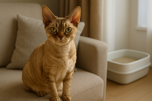 Devon Rex kat met grote oren en krullende vacht zittend in een woonkamer met Pacha™ kattenbakvulling zichtbaar op de achtergrond.