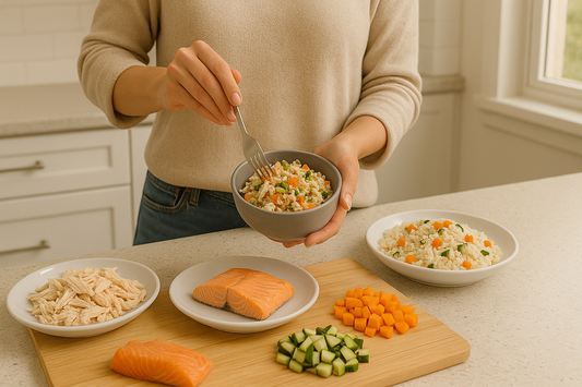 Eigenaar bereidt vers kattenvoer met kip en groenten terwijl Pacha™ kattenbakvulling helpt de gezondheid van de kat te volgen 