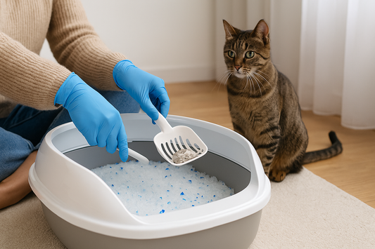 Katteneigenaar schept de kattenbak dagelijks schoon gevuld met Pacha™ kattenbakvulling voor optimale hygiëne en gezondheid