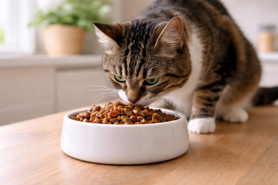 Gezonde kat die uitgebalanceerd kattenvoer eet dat past bij zijn natuurlijke voedingsbehoeften, met Pacha™ kattenbakvulling.