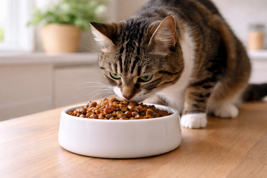 Gezonde kat die uitgebalanceerd kattenvoer eet dat past bij zijn natuurlijke voedingsbehoeften, met Pacha™ kattenbakvulling.