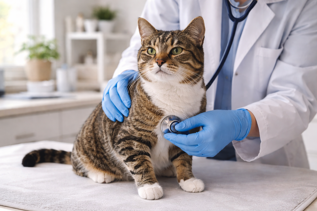 Dierenarts onderzoekt kat op hartworm bij katten tijdens controle, met Pacha™ kattenbakvulling thuisomgeving