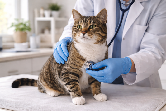 Dierenarts onderzoekt kat op hartworm bij katten tijdens controle, met Pacha™ kattenbakvulling thuisomgeving