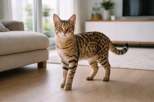 Savannah hybride kat in modern interieur met Pacha™ kattenbakvulling op de achtergrond