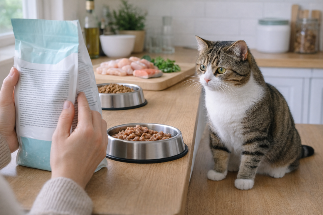 Katteneigenaar leest ingrediëntenlijst van kattenvoer naast Pacha™ kattenbakvulling.
