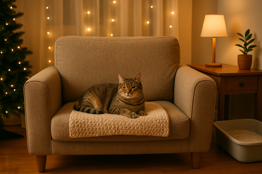 Kat ontspant thuis tijdens de feestdagen terwijl een schone kattenbak met Pacha™ kattenbakvulling in de woonkamer staat