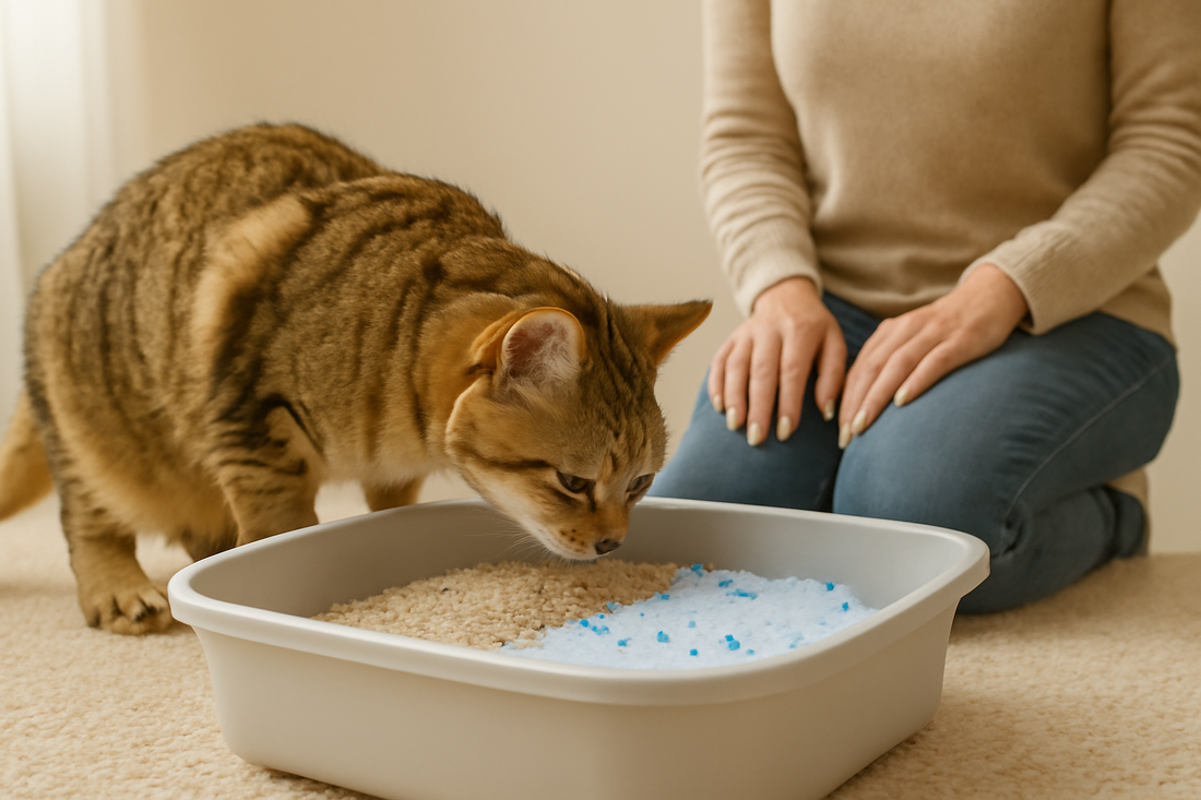 Kat onderzoekt een kattenbak met oude en nieuwe vulling tijdens de overstap naar Pacha™ kattenbakvulling