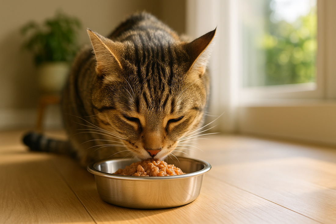 Kat eet een gezonde maaltijd met vers voer terwijl Pacha™ kattenbakvulling zorgt voor een hygiënische leefomgeving