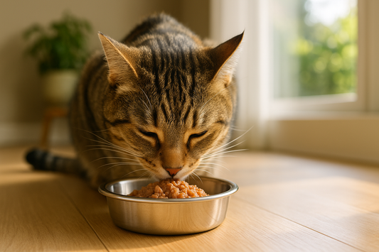 Kat eet een gezonde maaltijd met vers voer terwijl Pacha™ kattenbakvulling zorgt voor een hygiënische leefomgeving