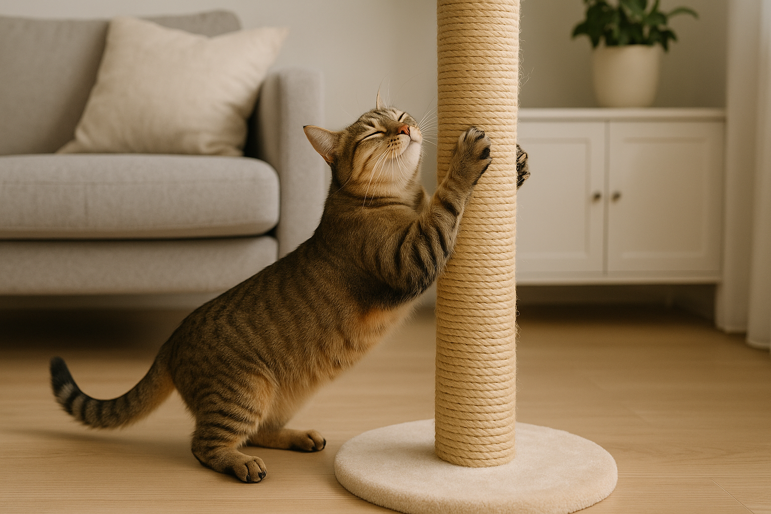 Tabby cat using a tall rope-wrapped scratching post
