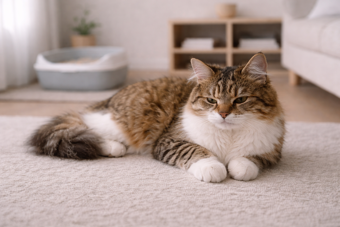 Kat met verminderde energie als mogelijk symptoom van HCM, met Pacha™ kattenbakvulling op de achtergrond.