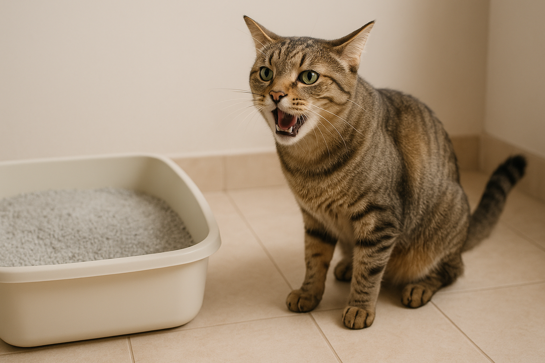 Kat toont tekenen van blaasontsteking en zit gespannen naast een kattenbak gevuld met Pacha™ kattenbakvulling