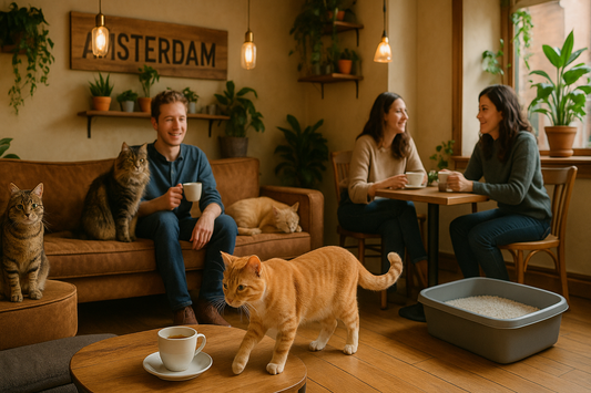 at wandelt door een gezellig kattencafé in Nederland terwijl Pacha™ kattenbakvulling zorgt voor een frisse en hygiënische omgeving
