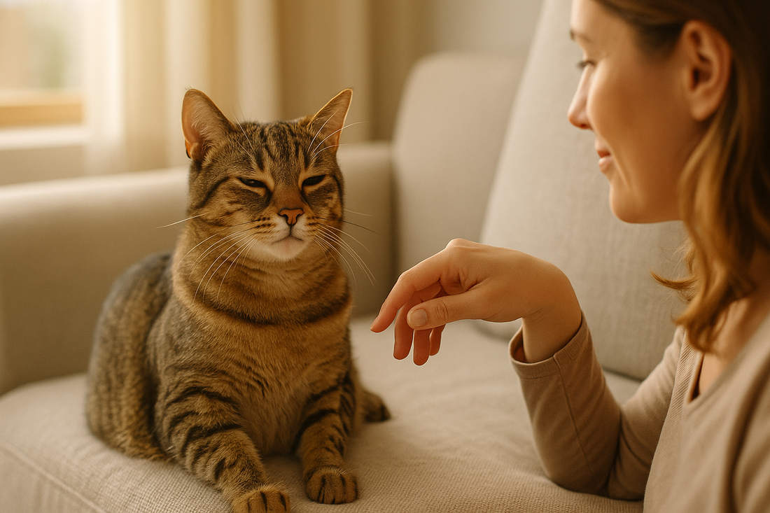 Kat knipoogt langzaam naar zijn eigenaar als teken van vertrouwen terwijl een kattenbak met Pacha™ kattenbakvulling op de achtergrond staat