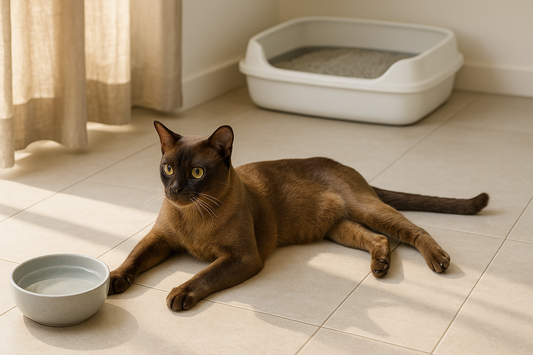 Kat die verkoeling zoekt op koele tegels tijdens warme zomerdagen met Pacha™ kattenbakvulling zichtbaar op de achtergrond.