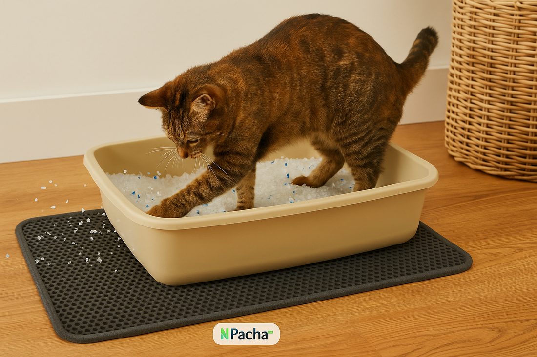 Kat reageert prikkelbaar tijdens aaien terwijl een kattenbak met Pacha™ kattenbakvulling in huis staat