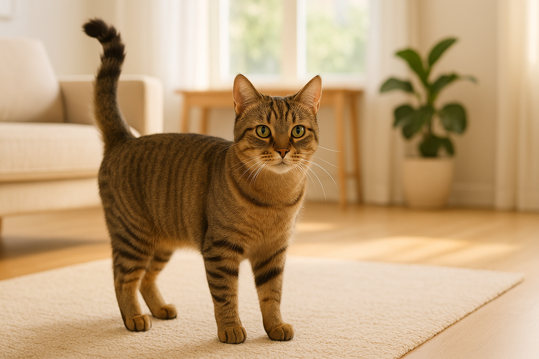 Kat met rechtopstaande staart en alerte oren toont vriendelijk gedrag terwijl Pacha™ kattenbakvulling zorgt voor een rustige, schone leefomgeving