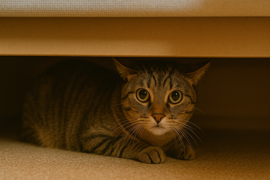 Kat verstopt zich onder het bed met zichtbare stresssignalen terwijl een kattenbak met Pacha™ kattenbakvulling in de kamer staat