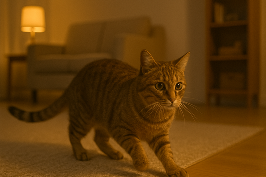 Kat sprint midden in de nacht energiek door de woonkamer terwijl Pacha™ kattenbakvulling zorgt voor rust en hygiëne in huis