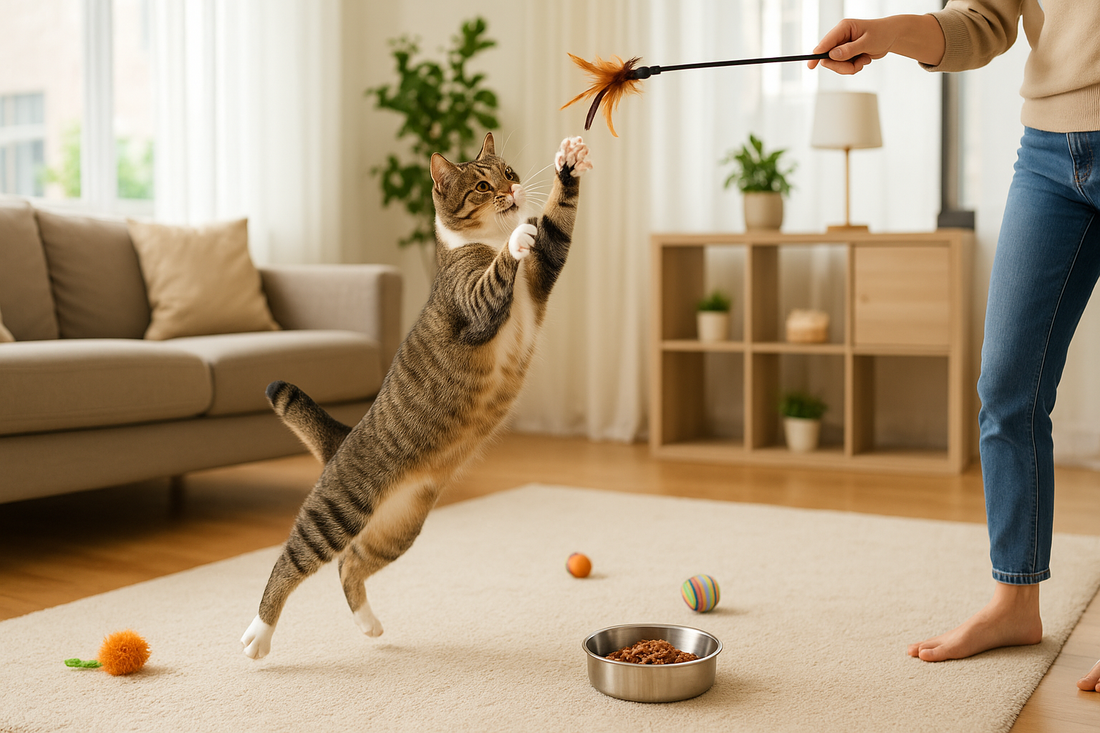 Kat speelt actief met zijn eigenaar met een verenstok terwijl Pacha™ kattenbakvulling zorgt voor een frisse en stressvrije leefomgeving