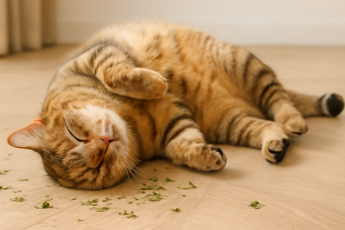Kat rolt vrolijk op de grond met kattenkruid terwijl Pacha™ kattenbakvulling zorgt voor een frisse en ontspannen leefomgeving