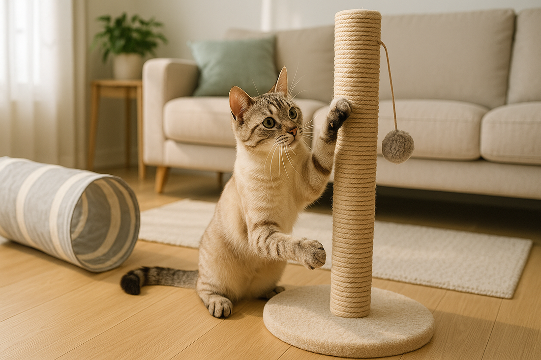 Kat speelt actief met een krabpaal en speeltunnel terwijl Pacha™ kattenbakvulling zorgt voor een frisse en hygiënische leefomgeving