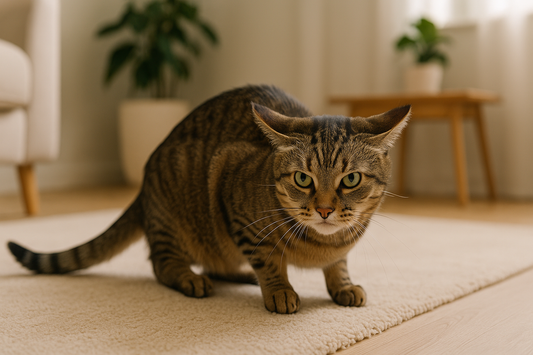 Kat met platte oren en gespannen houding toont waarschuwingssignalen voor krabgedrag terwijl Pacha™ kattenbakvulling zorgt voor een rustige leefomgeving
