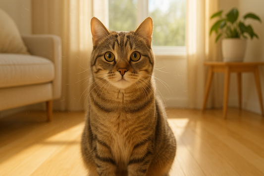 Kat verhaart tijdens de zomer terwijl een kattenbak met Pacha™ kattenbakvulling zorgt voor een frisse en hygiënische omgeving