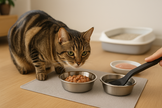 Kat die een eiwitrijke maaltijd eet met op de achtergrond een kattenbak gevuld met Pacha™ kattenbakvulling.