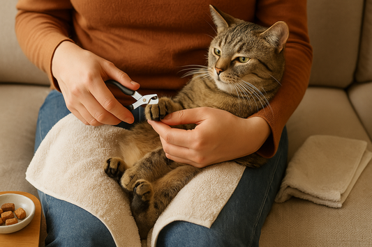 Kat ligt ontspannen op schoot terwijl de eigenaar de nagels voorbereidt om te knippen met Pacha™ kattenbakvulling in huis