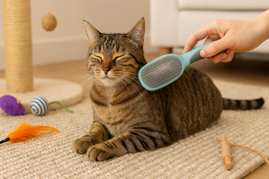 Kat geniet van een zachte borstelbeurt terwijl een kattenbak met Pacha™ kattenbakvulling op de achtergrond staat