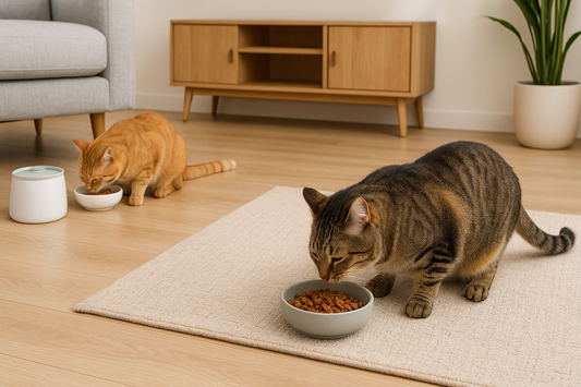 Twee katten eten rustig uit eigen voerbakjes terwijl een kattenbak met Pacha™ kattenbakvulling in huis staat
