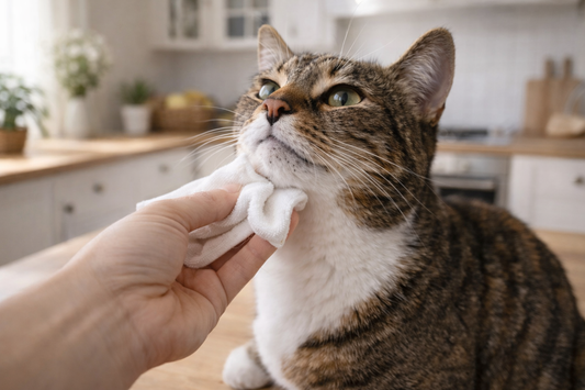 Zwarte puntjes op de kin van een kat als teken van kattenacne naast Pacha™ kattenbakvulling