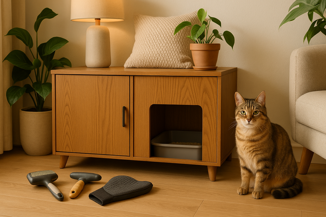 Kattenbak elegant verborgen in een houten meubelstuk gevuld met Pacha™ kattenbakvulling voor een stijlvolle en geurvrije woonkamer