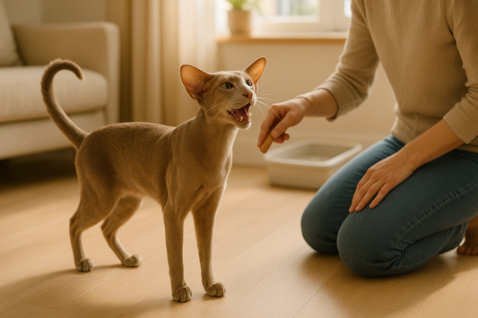 Kat die vocaal communiceert met zijn eigenaar met een rechtopstaande staart en Pacha™ kattenbakvulling zichtbaar op de achtergrond.