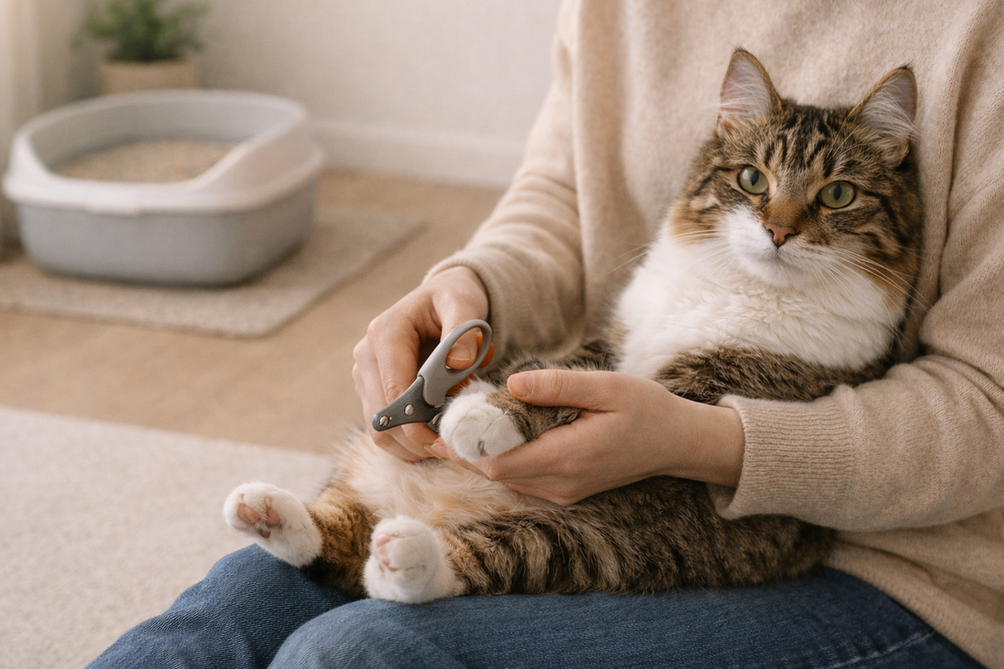 Eigenaar die rustig de kattennagels knipt terwijl de kat ontspannen blijft met Pacha™ kattenbakvulling zichtbaar op de achtergrond.